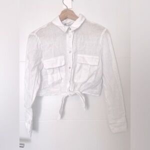 NWOT ZARA Cropped Collared Button Down Linen Blouse - White Linen - Size XS